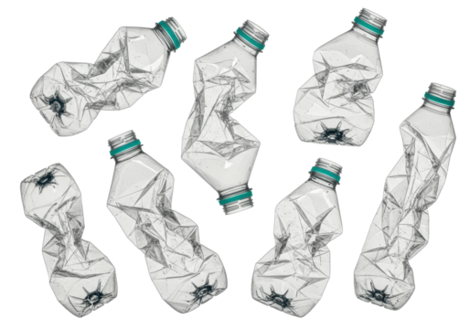 six crumpled pet plastic bottles with bright turquoise caps dynamically suspended against a white void, macro focus emphasizing creases and shadows. concept of plastic pollution and recycling urgency