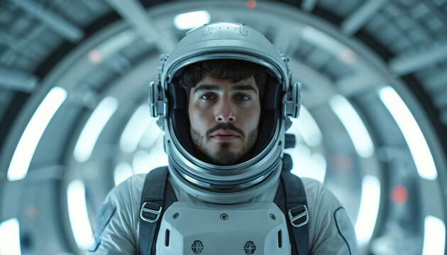 Young man wears white astronaut suit and helmet inside futuristic spaceship corridor. He looks forward, serious expression, ready for space mission. Interior has bright lights and advanced tech.