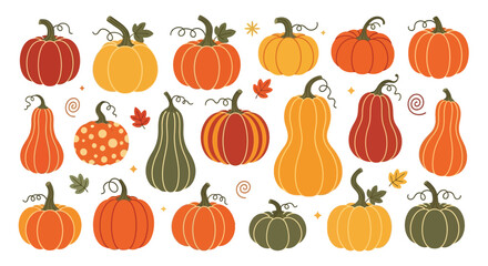A colorful assortment of pumpkins and gourds for autumn decoration
