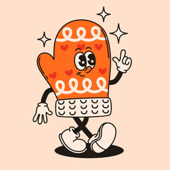 Groovy orange mitten character. Flat vector illustration.