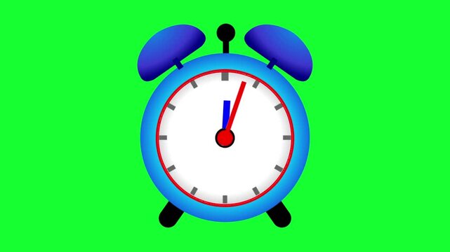 Analog clock animation 5 minutes later alarm sounds with green background.