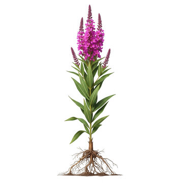 Purple loosestrife flower with leaves and roots isolated on transparent background