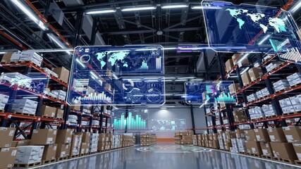 Advanced graphic displays show real-time data and analysis in a busy warehouse setting, enhancing efficiency and streamlining logistics operations seamlessly - Powered by Adobe