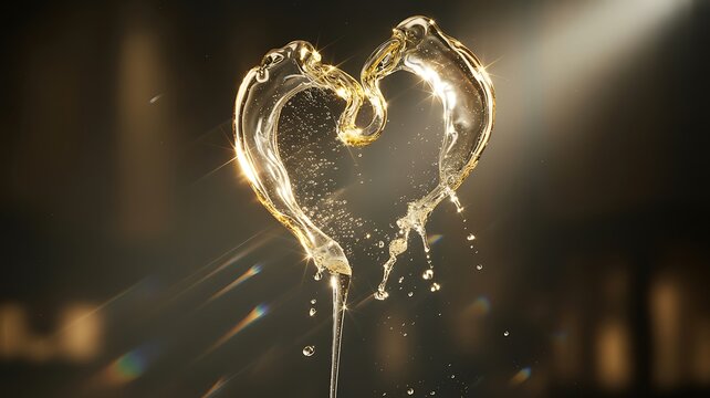 A luminous golden heart shape formed by flowing water illuminated by a soft spotlight creating a magical and romantic visual - Powered by Adobe