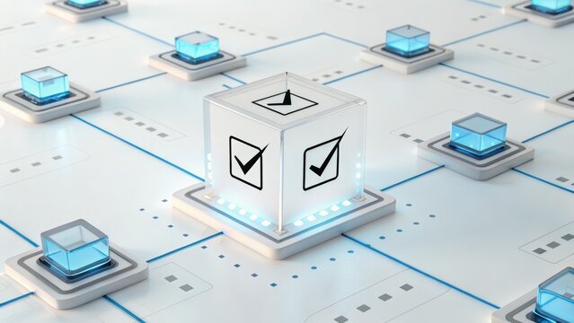 Centralized network hub with glowing data nodes and checkmarks