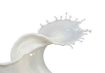 High-speed dynamic splash of viscous white liquid, forming an intricate coronet wave structure with perfect spherical droplets suspended against a transparent infinite background. Concept for food