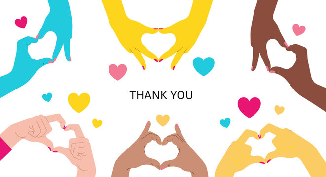 Diverse hands forming heart shapes with colorful hearts and text  