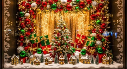 Festive holiday storefront with sparkling ornaments, gifts, and miniature houses creating a warm, inviting Christmas scene for holiday cheer and retail promotion