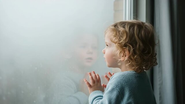 Child looking out foggy window, toddler face near window glass, soft morning home scene, kid watching outside world, thoughtful child moment, rainy day mood, cozy family home background - Powered by Adobe