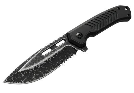 Black tactical folding knife isolated on transparent background, survival tool for camping and outdoor activities PNG