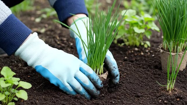Gloved hands plant green chive seedlings with visible roots into dark garden soil outdoors
