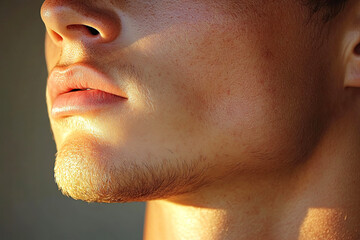 A close-up view of a man's lower face, highlighting defined jawline and lips, illuminated by natural light, showcasing skin texture and subtle details.