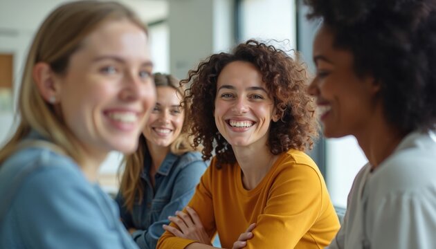 Four women of diverse ethnicity smile and laugh together in a bright office meeting space. They appear happy and engaged in conversation, representing teamwork and positive workplace relations.