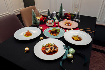 Festive Gourmet Dining Table with Christmas Decoration Elements