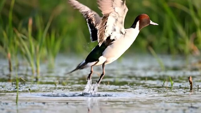 A male pintail duck with a brown head and white stripe glides on calm water by reeds