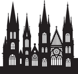 Fototapeta premium Black silhouette of a gothic cathedral facade with spires and arched windows architecture building