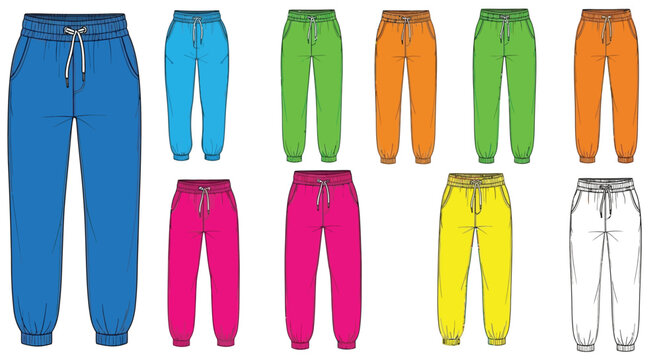 Collection of colorful sweatpants presented in a fashion technical illustration style