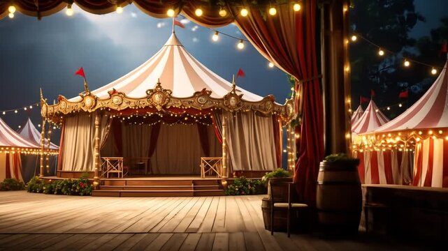 Circus tent stage with string lights.