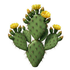 Prickly pear cactus with yellow flowers isolated on transparent background