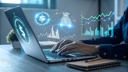 A business professional using a laptop with financial data and charts displayed on the screen, representing investment analysis and economic growth on a desk