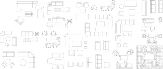 Extensive vector line drawings of modular and sectional sofas, armchairs, and tables in plan view, showcasing complex living room arrangement possibilities.