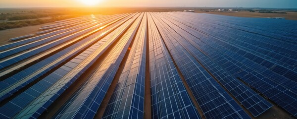 Rows of blue solar panels stretch to horizon at sunset. Aerial view shows large renewable energy farm absorbing sunlight. Clean electricity generation in vast photovoltaic field.