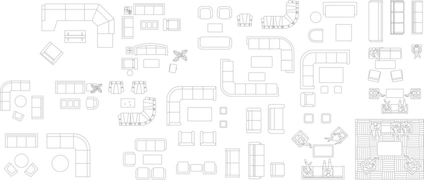 Extensive vector line drawings of modular and sectional sofas, armchairs, and tables in plan view, showcasing complex living room arrangement possibilities.