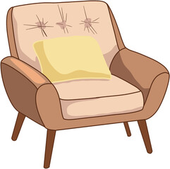 Comfortable Beige and Brown Armchair with Soft Yellow Cushion in Cozy Modern Living Room Illustration
