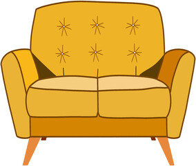 Vintage Style Yellow Two-Seater Sofa with Wooden Legs and Button-Tufted Backrest in Cozy Living Room Environment Illustration