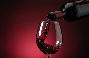 Red wine pours from bottle into clear glass. Dark red liquid splashes creating elegant swirl. Sophisticated beverage for celebration, tasting, or dining enjoyment.