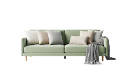 Stylish Mint Green Sofa with Decorative Pillows and Throw Blanket