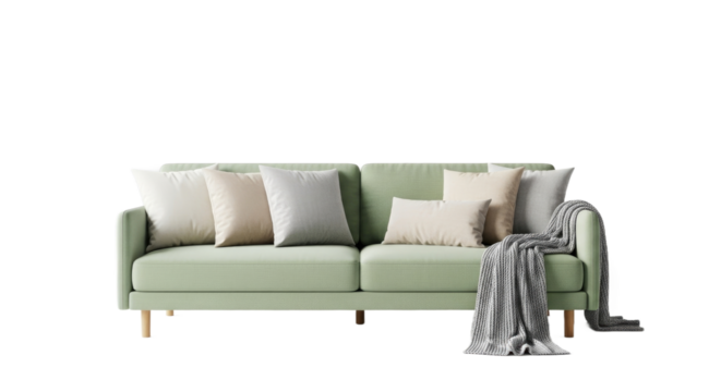 Stylish Mint Green Sofa with Decorative Pillows and Throw Blanket