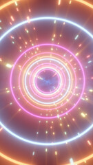 Colorful glowing rings forming a tunnel-like abstract scene with neon lights and motion blur for a futuristic look