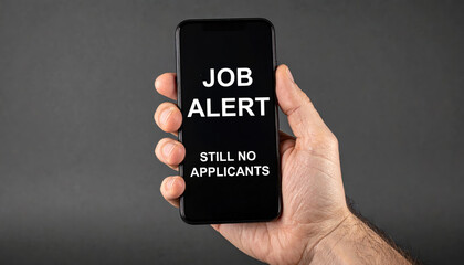 Frustrated employer holds smartphone with job alert showing no applicants. This highlights current labor market challenges and staff shortages facing many businesses