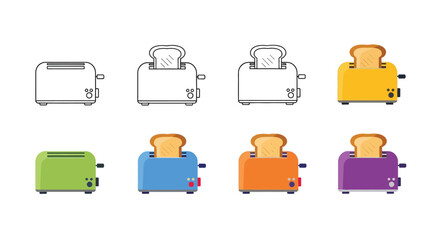 A colorful progression of toasters with toast from outline to full color