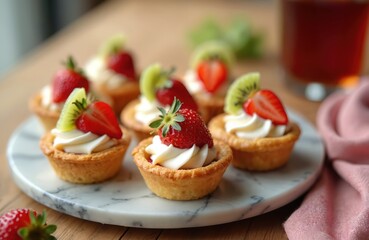 Sweet mini fruit tartlets with cream cheese filling topped with fresh strawberry and kiwi slices. Small baked pastry desserts arranged on marble plate, perfect for a light treat.