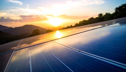 Solar panels reflect a sunset, mountain silhouettes in background. A renewable energy theme