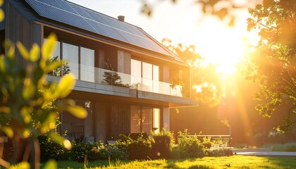 Modern house with solar panels in warm sunlight, seen through lush green foliage
