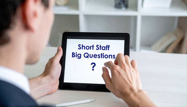 Concerned businessman holding tablet with text about short staff problem. man confronts business challenges from labor market shortages and recruitment questions