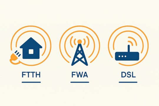 Visual representation of internet connection types including Fiber to the Home, Fixed Wireless Access, and Digital Subscriber Line showcasing connectivity paradigms in modern telecommunications