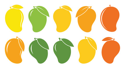 A colorful collection of stylized mango illustrations in varying shades