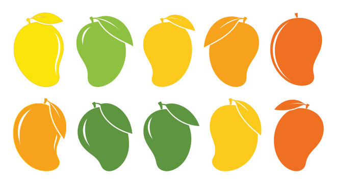 A colorful collection of stylized mango illustrations in varying shades