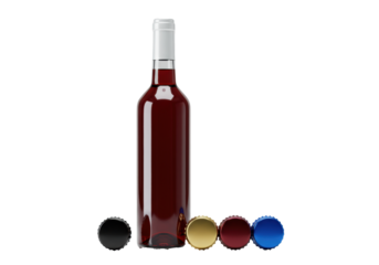 Sleek clear glass bordeaux bottle holding deep ruby red wine, sealed with a white capsule, standing near four distinct metallic and lacquered caps on a clinical white reflective surface, modern
