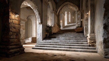 Naklejka premium Photorealistic ancient stone castle interior with multiple staircases, warm lighting, sandy floor, tall arched walls.
