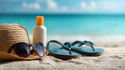Relaxing Beach Essentials: A Sun Hat, Sunglasses, Sunscreen, and Flip Flops Await a Perfect Day by the Ocean Shore