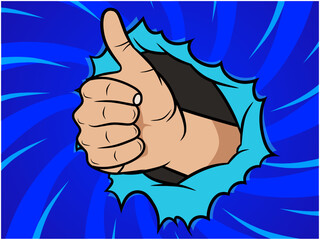 A dynamic pop art illustration of a hand giving a thumbs-up gesture breaking through a blue background. Perfect for conveying approval, success, agreement, or a positive review in a retro comic style