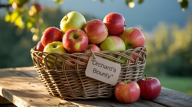A woven basket overflowing with freshly harvested red and green apples bathed in warm sunlight on a rustic wooden table