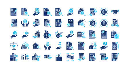 Valuation icon set collection. Containing communications, legal, partnership, profit, progress, examination, property .Solid vector icons collection