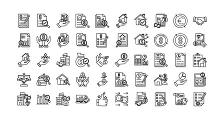 Valuation icon set collection. Containing communications, legal, partnership, profit, progress, examination, property .Line vector icons collection
