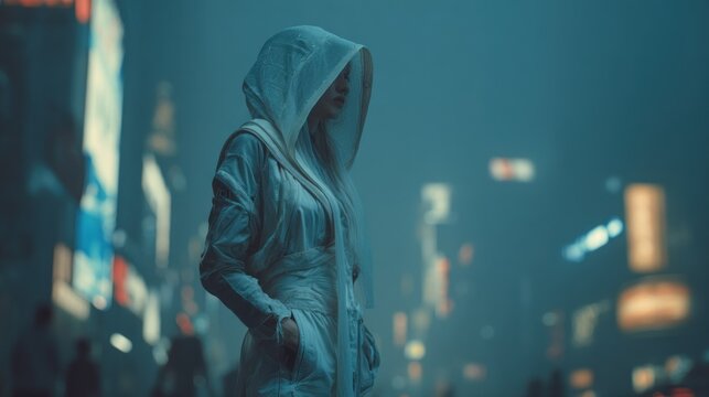 Person in futuristic clothing night city